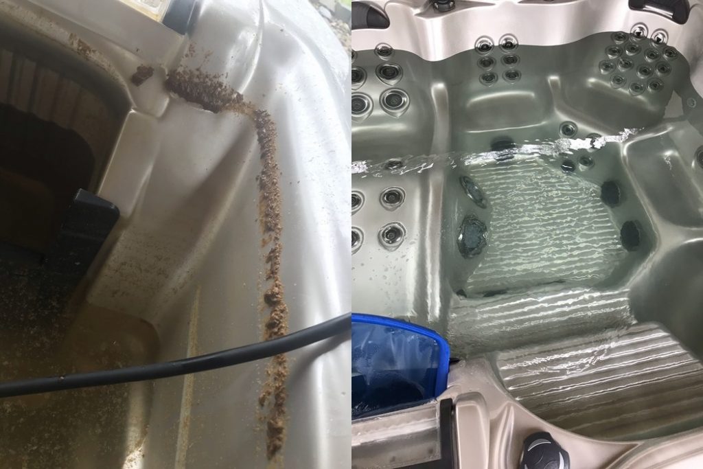 hot tub with sludge cleaned before after